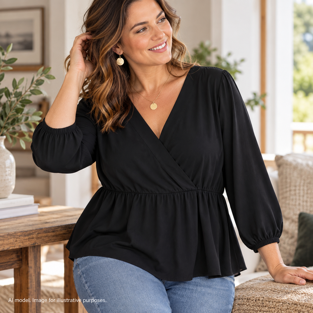 J Crew Shirt Womens 16 XL Black Flowy Lux Wrap Peasant Sleeve Popover Career Top